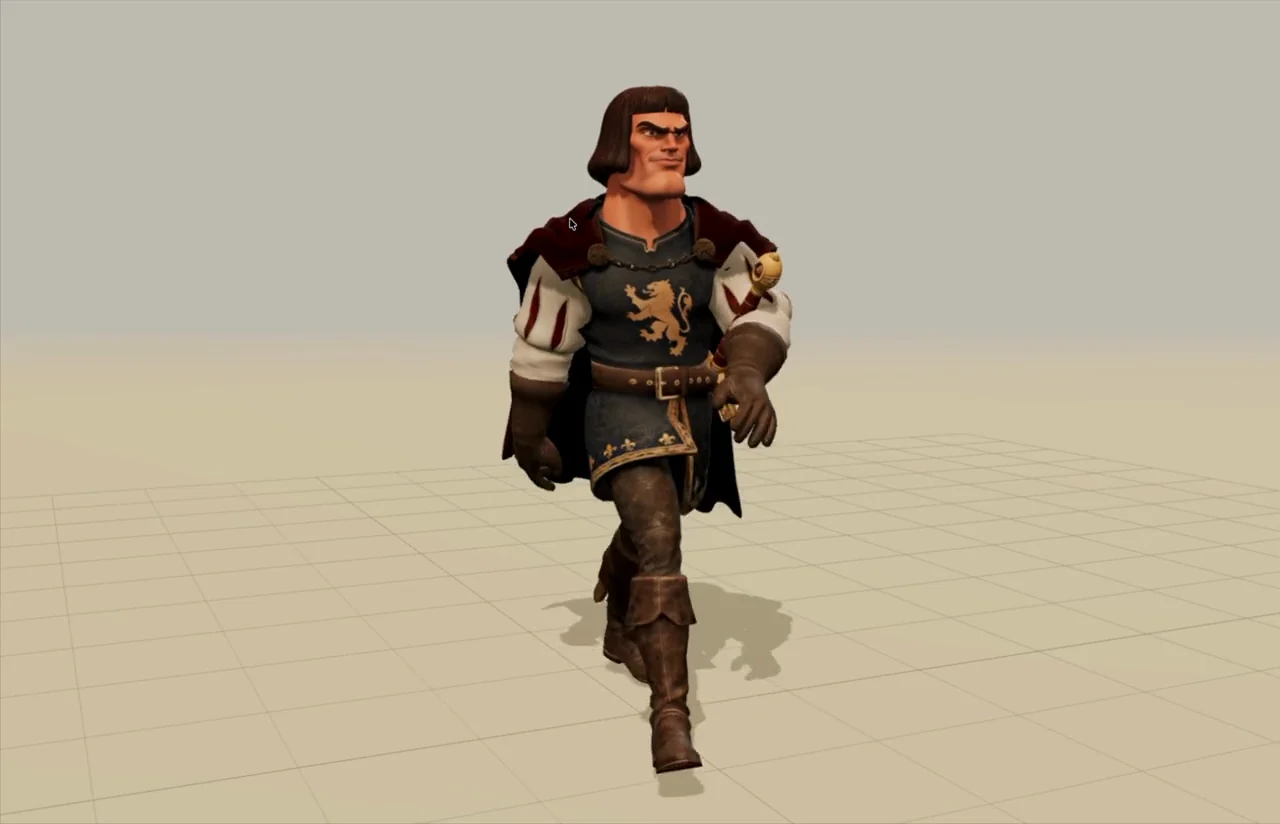 An armored lord walks across a development preview stage, wearing a lion crest and a red cape.