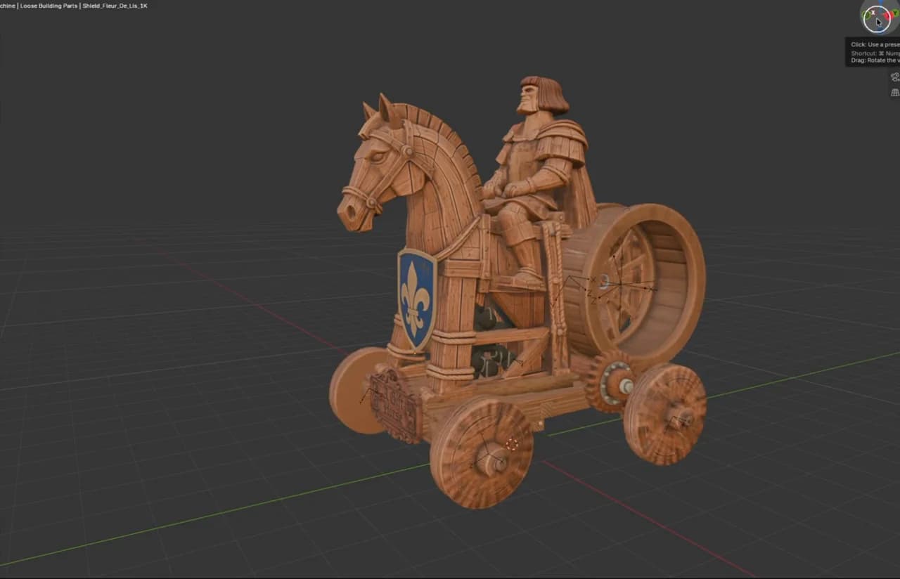 A wooden siege machine shaped like a horse, with an armored rider, wheels, and a blue shield, rotates in the model editor.