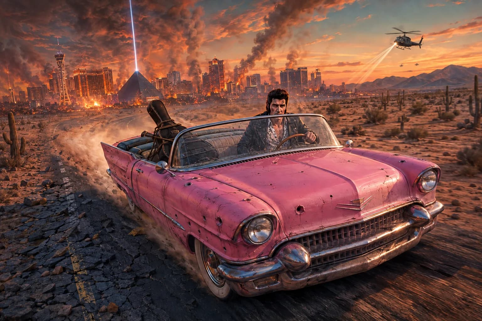 The survivor drives a battered pink convertible into the desert as the Las Vegas skyline burns behind him.