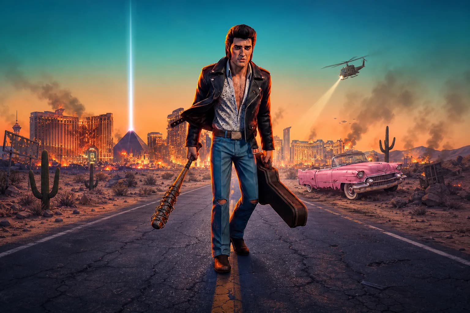 A pompadour-haired survivor carries a bat and guitar case away from a burning Las Vegas, with a pink convertible behind him.