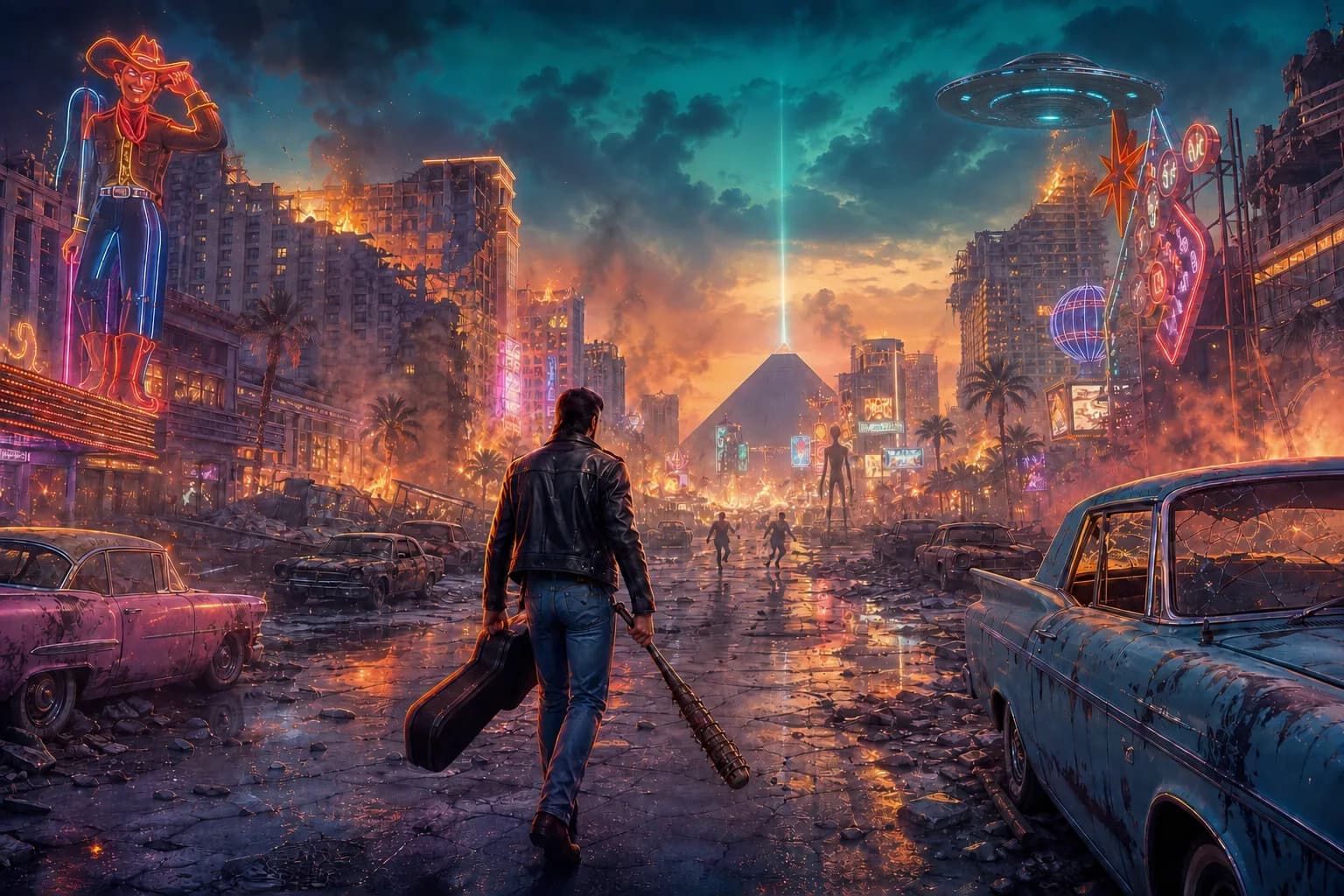 The survivor approaches the Las Vegas pyramid beneath a flying saucer, with a towering figure beyond two people in the ruined Strip.