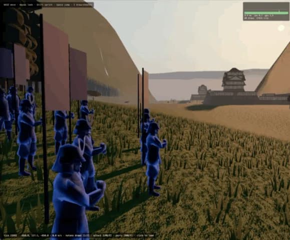 Blue-armored soldiers gather beneath tall banners beside a road leading to a Japanese castle.
