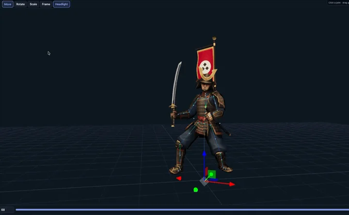 An armored samurai with a red back banner holds a raised sword in the character preview.