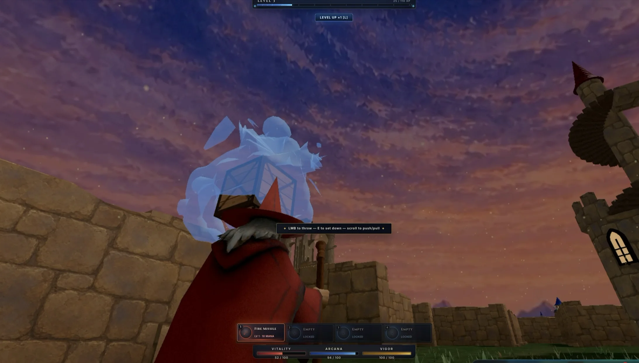 A blue magical projection floats above a red-robed wizard in a stone courtyard at dusk.
