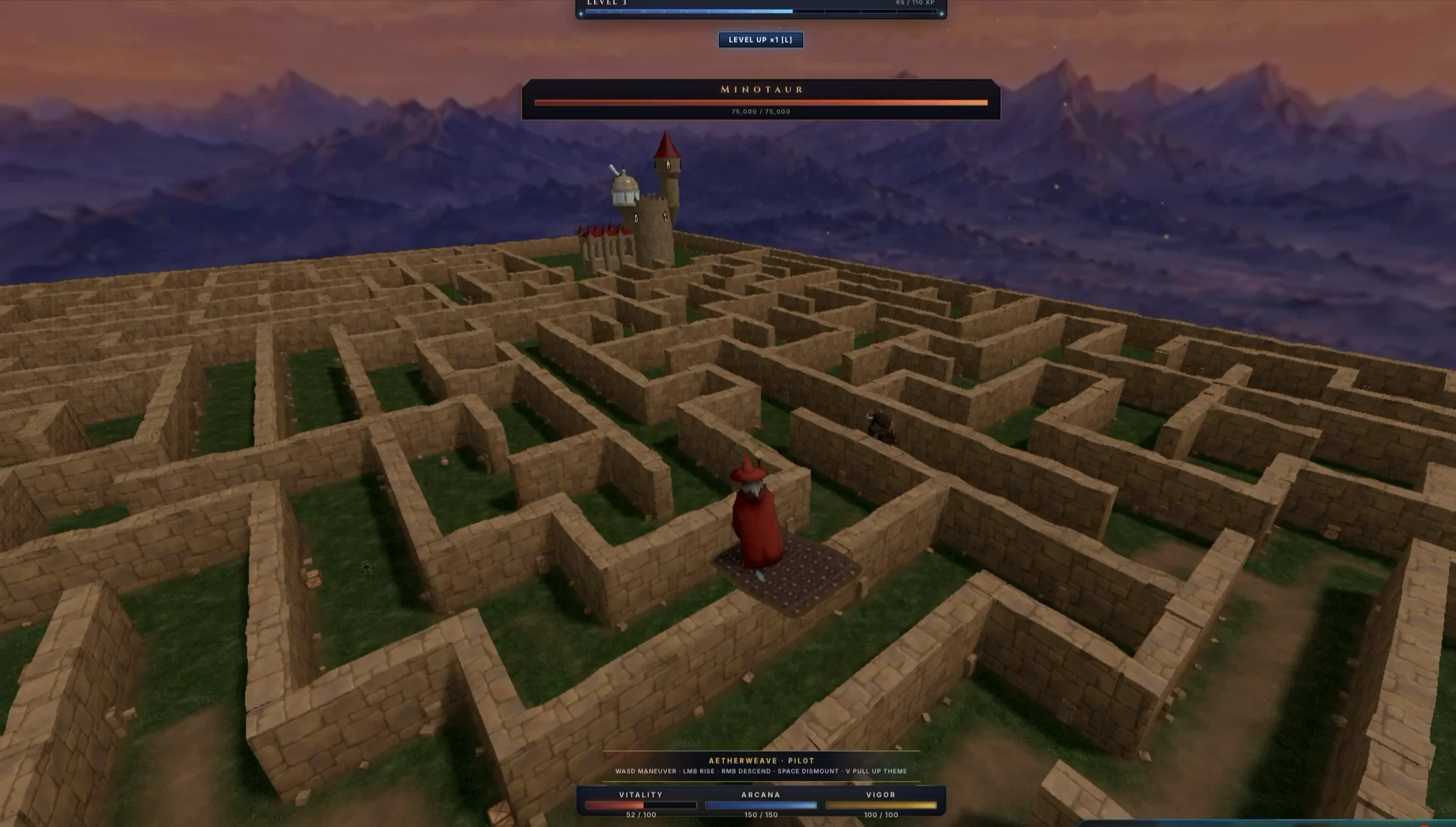 A red-robed wizard explores a stone labyrinth with mountains on the horizon.