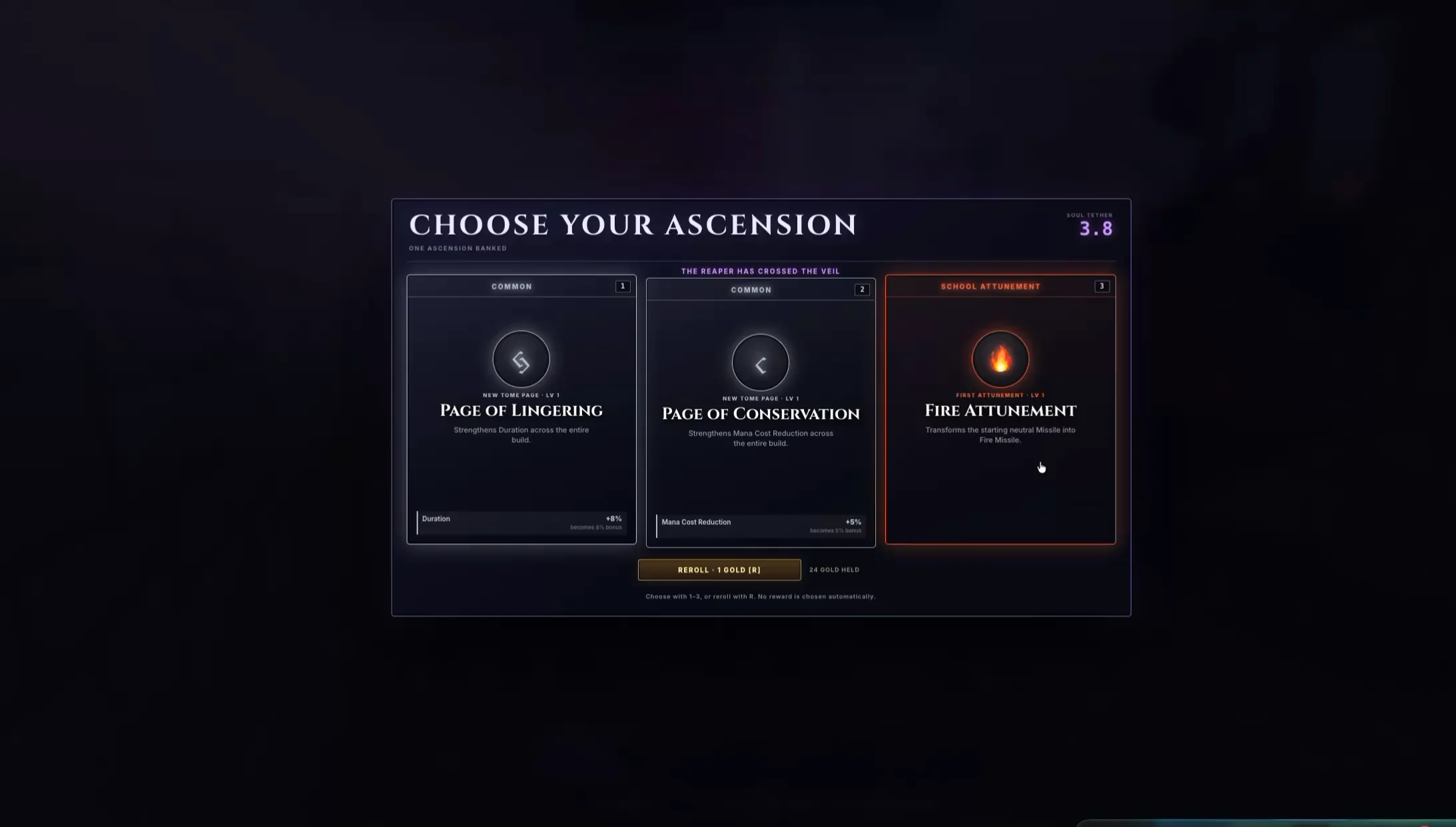 The ascension selection screen offers three magical upgrades, including Fire Attunement.